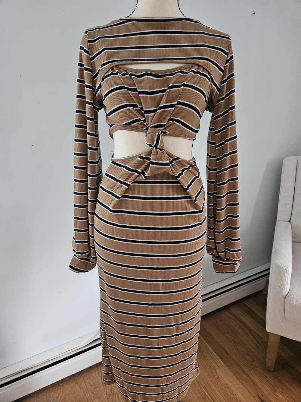 Striped Taupe Cutout Midi Dress - Long Sleeve#274 2 Pieces.